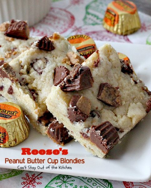 Reese's Peanut Butter Cup Blondies | Can't Stay Out of the Kitchen | these spectacular #cookies are filled with #Reese's #peanutbuttercups. So heavenly! #dessert #chocolate
