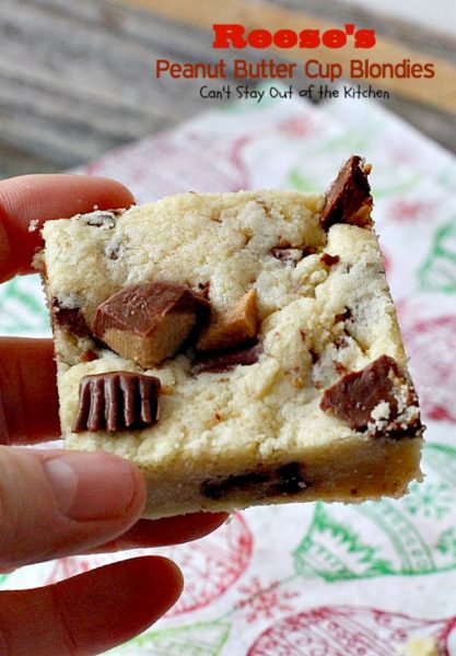 Reese's Peanut Butter Cup Blondies | Can't Stay Out of the Kitchen | these spectacular #cookies are filled with #Reese's #peanutbuttercups. So heavenly! #dessert #chocolate