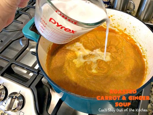 Roasted Carrot and Ginger Soup | Can't Stay Out of the Kitchen | this lovely #soup is creamy & delicious & perfect for cold, winter nights when you want comfort food. #carrots #ginger #leeks #glutenfree #vegan #MeatlessMondays