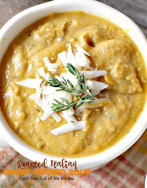 Roasted Italian Sweet Potato Soup | Can't Stay Out of the Kitchen | this #soup is amazing comfort food. Roasting the #sweetpotatoes adds incredible flavor. Plus, the soup is healthy, low calorie, #glutenfree & #vegan.