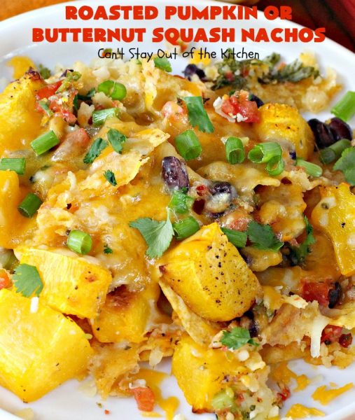 Roasted Pumpkin or Butternut Squash Nachos | Can't Stay Out of the Kitchen | these #nachos are beyond amazing! They use 2 layers of #tortilla chips, #blackbeans, roasted #pumpkin or #butternutsquash, #picodegallo & hot pepperjack #cheese. Perfect #tailgating #appetizer. #glutenfree #vegetarian