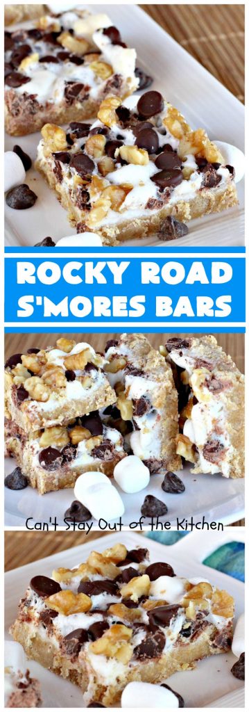 Rocky Road S'Mores Bars | Can't Stay Out of the Kitchen | We have loved these #brownies for decades! They are absolutely mouthwatering & will have you drooling from the first bite. #cookies #RockyRoad #dessert #Marshmallows #SMoresBars #GrahamCrackers #RockyRoadSmoresBars #chocolate #MarshmallowDessert #ChocolateDessert #RockyRoadDessert #SmoresDessert #Tailgating