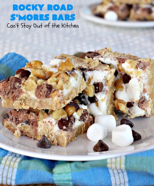 Rocky Road S'Mores Bars | Can't Stay Out of the Kitchen | We have loved these #brownies for decades! They are absolutely mouthwatering & will have you drooling from the first bite. #cookies #RockyRoad #dessert #Marshmallows  #SMoresBars #GrahamCrackers #RockyRoadSmoresBars #chocolate #MarshmallowDessert #ChocolateDessert #RockyRoadDessert #SmoresDessert #Tailgating