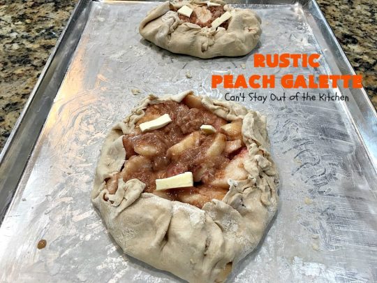 Rustic Peach Galette | Can't Stay Out of the Kitchen | this rustic version of #peachpie is sensational. Every bite will have you drooling! #peaches #WhiteFleshPeaches #peachdessert #dessert #CANbassador #WashingtonStateFruitCommission #WashingtonStateStoneFruitGrowers