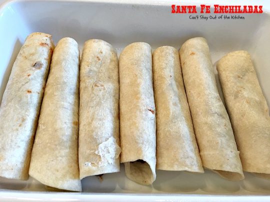 Santa Fe Enchiladas | Can't Stay Out of the Kitchen | these delicious #enchiladas have a #beef filling without beans. Then they're drenched in a cheesy #Velveeta sauce with #greenchilies & topped with more beef sauce. #Tex-Mex