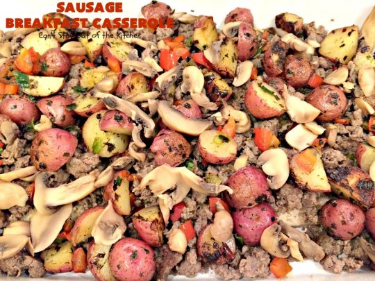 Sausage Breakfast Casserole | Can't Stay Out of the Kitchen | this is an amped up version of a #holiday #breakfast #casserole with #sausage, fried #potatoes, bell peppers, #mushrooms & loads of #cheddarcheese. We love it for #Christmas or #NewYearsDay breakfast because you can make it the night before & pop it in the oven an hour before you need it! #pork #ChristmasBreakfast #HolidayBreakfast #brunch #glutenfree #GlutenFreeBreakfastCasserole