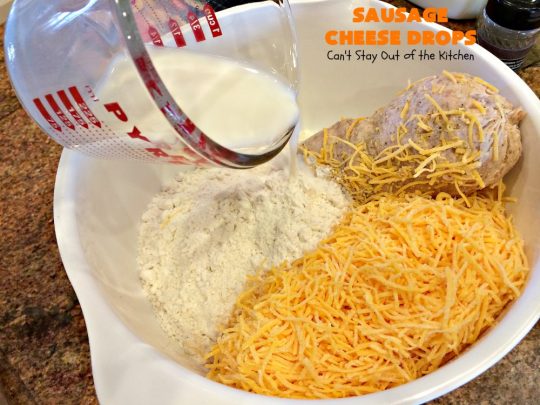 Sausage Cheese Drops | Can't Stay Out of the Kitchen | fabulous, easy 4-ingredient #recipe that spells comfort food! This one is terrific for a #holiday #breakfast like #NewYearsDay or any other time during the year! #sausage #SausageBalls #Bisquick #appetizer #cheddarcheese #HolidayBreakfast #SausageAppetizer #pork