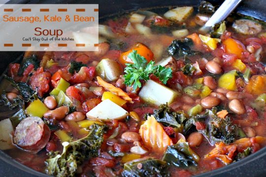 Slow Cooker Sausage, Kale and Bean Soup | Can't Stay Out of the Kitchen | this delicious #soup uses #chicken #sausage & lots of fresh #veggies. Plus it's made in the #slowcooker so it's quick & easy. Healthy, low calorie & #glutenfree.