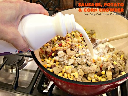 Sausage, Potato and Corn Chowder | Can't Stay Out of the Kitchen | this delicious #soup is wonderful for cold fall or winter nights. It's terrific comfort food that really hits the spot. #sausage #pork #potatoes #corn #glutenfree #chowder