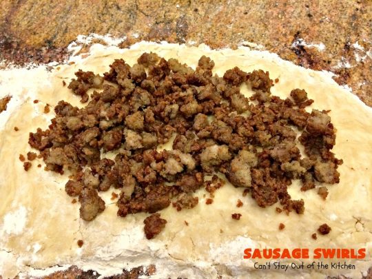 Sausage Swirls | Can't Stay Out of the Kitchen | Terrific #brunch idea for the #holidays. Roll up cooked #sausage in pie crust, bake & voila! You have the best #breakfast imaginable. #HolidayBreakfast #ChristmasBreakfast #NewYearsDayBreakfast #pork #SausageBreakfast