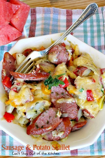 Sausage and Potato Skillet | Can't Stay Out of the Kitchen | this delicious one-dish supper is super quick and easy to make. I used nitrate-free #sausage #redpotatoes & #goudacheese. #pork