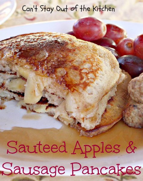 these pancakes have sauteed apples and bits of sausage in the