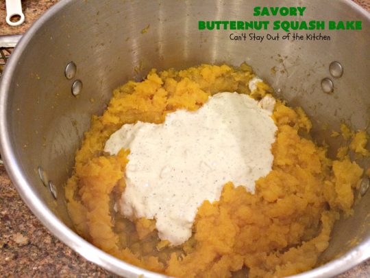 Savory Butternut Squash Bake | Can't Stay Out of the Kitchen | this savory #ButternutSquash #recipe includes a 6-#Cheese #Italian blend that makes this #casserole so mouthwatering our company all wanted seconds! Terrific for #holiday dinners too. #Easter #MothersDay #HolidaySideDish #ButternutSquashCasserole #Squash #SavoryButternutSquashBake