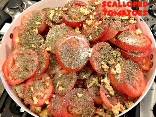 Scalloped Tomatoes | Can't Stay Out of the Kitchen | Amazing #sidedish made with #tomatoes, #basil, #baguettes & #mozzarellacheese. It's terrific for #holidays like #Thanksgiving & #Christmas. #casserole