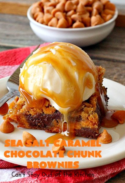 Sea Salt Caramel Chocolate Chunk Brownies | Can't Stay Out of the Kitchen | these fantastic #brownies are so rich & decadent. They're filled with #seasaltcaramel chips & #chocolate chunks. They're perfect for #tailgating parties, potlucks or summer #holiday fun. #dessert #caramel