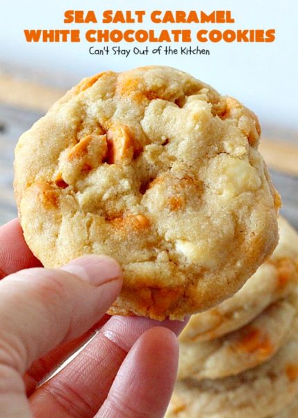 Sea Salt Caramel White Chocolate Cookies | Can't Stay Out of the Kitchen | these fantastic #cookies contain sea salt #caramel chips and #whitechocolate chips. Perfect for #tailgating parties. #dessert #chocolate