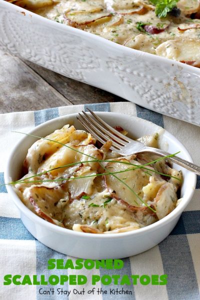 Seasoned Scalloped Potatoes | Can't Stay Out of the Kitchen | these heavenly scalloped #potatoes are absolutely mouthwatering. Terrific for #holiday menus like #Thanksgiving or #Christmas too. This version is #glutenfree, but you can use regular flour as well. #vegetable #casserole #potatocasserole #holidaycasserole #scallopedpotatoes