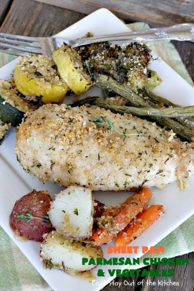 Sheet Pan Parmesan Chicken and Vegetables | Can't Stay Out of the Kitchen | fantastic sheet pan dinner that's so easy & delicious. This one has a delicious #parmesan cheese coating. Perfect for family or company dinners. #chicken #asparagus #glutenfree