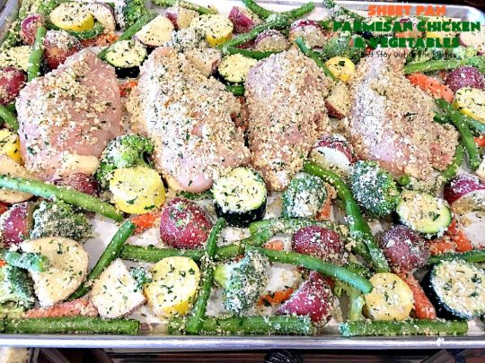Sheet Pan Parmesan Chicken and Vegetables | Can't Stay Out of the Kitchen | fantastic sheet pan dinner that's so easy & delicious. This one has a delicious #parmesan cheese coating. Perfect for family or company dinners. #chicken #asparagus #glutenfree