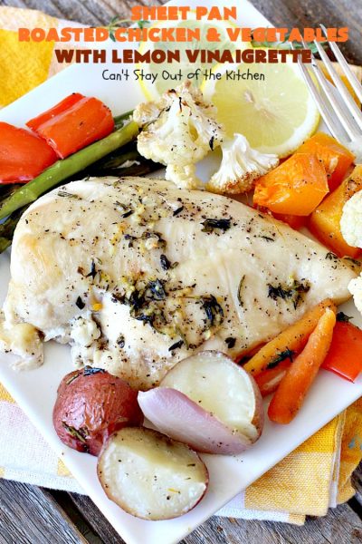 Sheet Pan Roasted Chicken and Vegetables with Lemon Vinaigrette | Can't Stay Out of the Kitchen | amazing one-pan meal with a delicious #lemon #vinaigrette drizzled over the top. #chicken #carrots #butternutsquash #cauliflower #asparagus #glutenfree