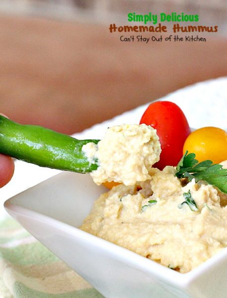 Simply Delicious Homemade Hummus | Can't Stay Out of the Kitchen | delicious #hummus recipe that's healthy, low calorie, #vegan & #glutenfree. Great #appetizer for #tailgating parties, too.