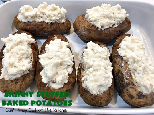Skinny Stuffed Baked Potatoes | Can't Stay Out of the Kitchen | this skinny version of #BakedPotatoes is absolutely wonderful. The seasonings give the #potatoes so much flavor instead of all the calories with cheese or bacon. Terrific side dish for any entree. Also great for company or #holiday dinners. #Healthy #LowCalorie #GlutenFree  #CleanEating #StuffedBakedPotatoes #HolidayDinner #SkinnyStuffedBakedPotatoes #Thanksgiving