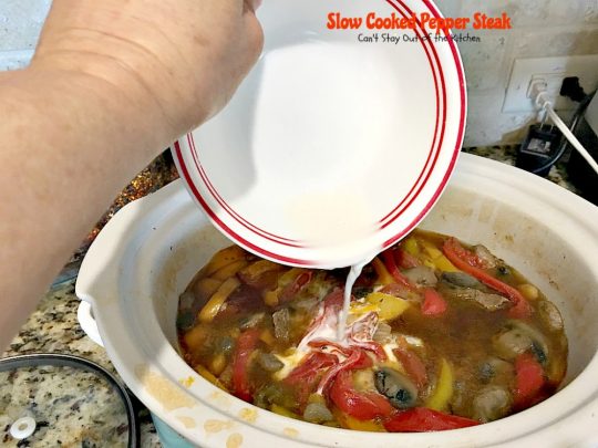 Slow Cooked Pepper Steak | Can't Stay Out of the Kitchen | No time for a difficult, time consuming meal? Try this great #beef entree that cooks in the #crockpot. #glutenfree #bellpeppers #mushrooms