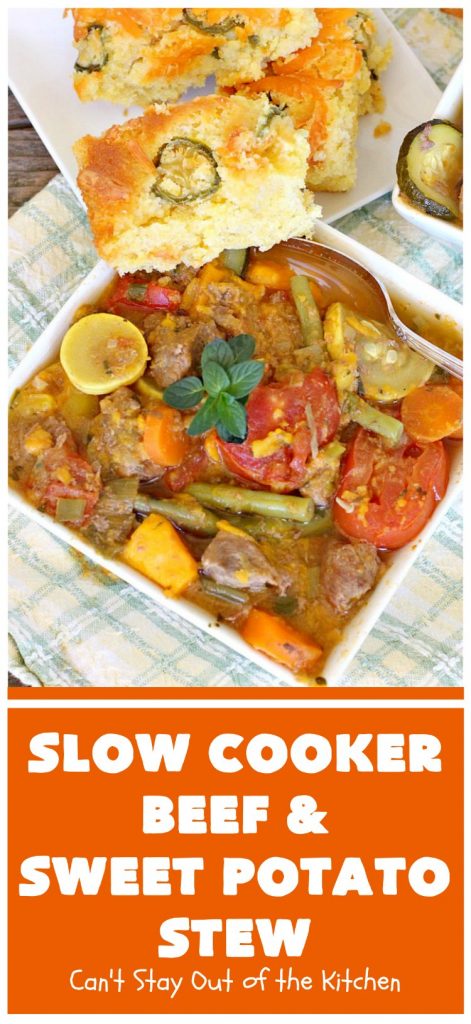 Slow Cooker Beef and Sweet Potato Stew | Can't Stay Out of the Kitchen | this delicious #stew is chocked full of fresh #veggies. Because everything is tossed into the #SlowCooker, it makes for a really easy weeknight meal. Tasty, savory & delicious comfort food for cold, winter nights. #Healthy #CleanEating #LowCalorie #GlutenFree #beef #tomatoes #zucchini #StewBeef #Crockpot #soup #GreenBeans #YellowSquash #SweetPotatoes #SlowCookerBeefAndSweetPotatoStew