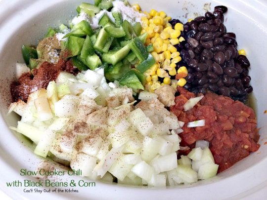 Slow Cooker Chili with Black Beans & Corn | Can't Stay Out of the Kitchen | this fantastic #chili is so quick and easy - everything goes in the #crockpot! Savory, delicious flavors that are second to none! #glutenfree #corn #blackbeans #Tex-Mex