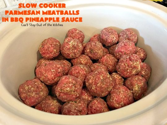 Slow Cooker Parmesan Meatballs in BBQ Pineapple Sauce | Can't Stay Out of the Kitchen | these fantastic #meatballs are #glutenfree and made with #parmesan cheese. The sauce includes #BBQ sauce, #pineapple & red bell pepper. It takes 15 minutes to prepare & 2 hours in the #crockpot. #beef