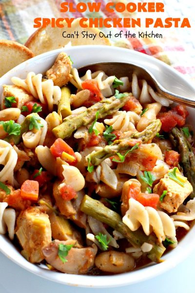 Slow Cooker Spicy Chicken Pasta | Can't Stay Out of the Kitchen | This delicious #chicken & #pasta entree is made in the #SlowCooker so it's quick & easy. It's also #healthy, #lowcalorie & #glutenfree. #crockpot #asparagus #tomatoes #cannellinibeans #mushrooms #HealthyChickenEntree #HealthyPastaEntree 