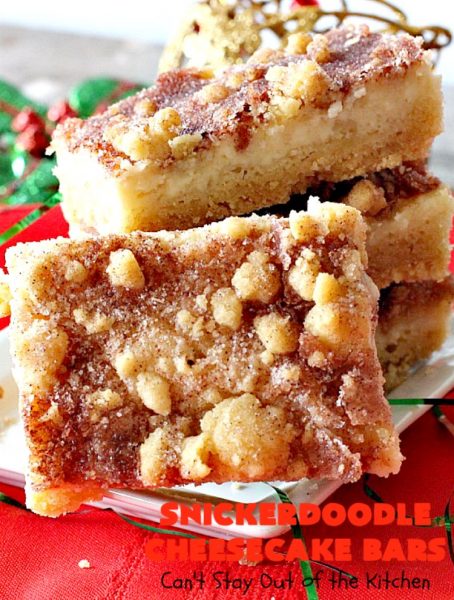 Snickerdoodle Cheesecake Bars | Can't Stay Out of the Kitchen | these #brownie-type #cookies are awesome! They're terrific treats for #holiday baking, potlucks or #tailgating. #dessert #cheesecake #snickerdoodles