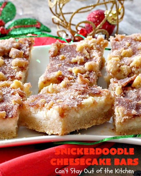 Snickerdoodle Cheesecake Bars | Can't Stay Out of the Kitchen | these #brownie-type #cookies are awesome! They're terrific treats for #holiday baking, potlucks or #tailgating. #dessert #cheesecake #snickerdoodles