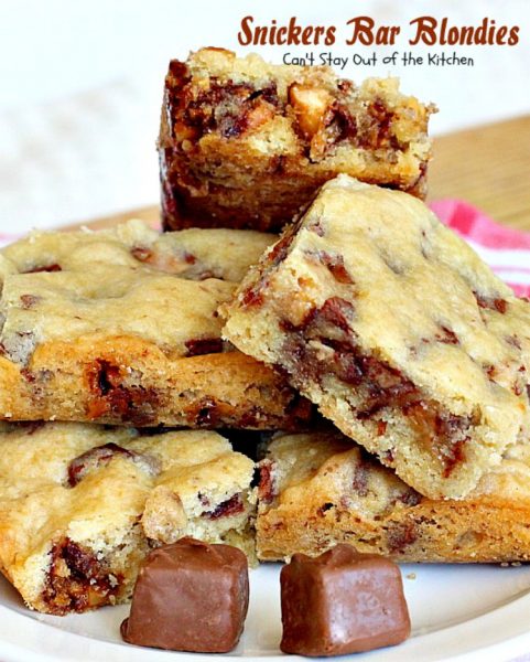 Snickers Bar Blondies | Can't Stay Out of the Kitchen | these fabulous #brownies are filled with #SnickersBars. They're great for #tailgating parties or as a way to use up leftover #halloween candy! #dessert #cookie #chocolate