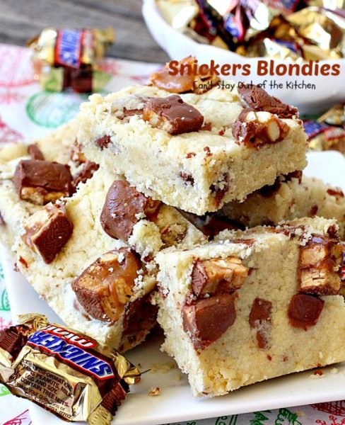 Snickers Blondies | Can't Stay Out of the Kitchen | these outrageous #brownies are divine. #SnickersBars in #cookie dough = awesome! #dessert #cookie #chocolate