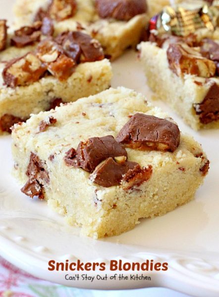 Snickers Blondies | Can't Stay Out of the Kitchen | these outrageous #brownies are divine. #SnickersBars in #cookie dough = awesome! #dessert #cookie #chocolate