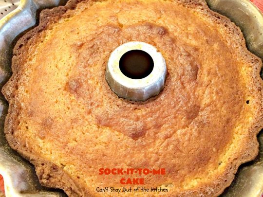 Sock-It-To-Me Cake | Can't Stay Out of the Kitchen | this fantastic #cake will knock your socks off! It has a lovely #pecan streusel filling in the middle & it's glazed with vanilla icing. We serve this as a #coffeecake for #breakfast or for #dessert. #Brunch #Holiday #cinnamon #HolidayBreakfast #SockItToMeCake 