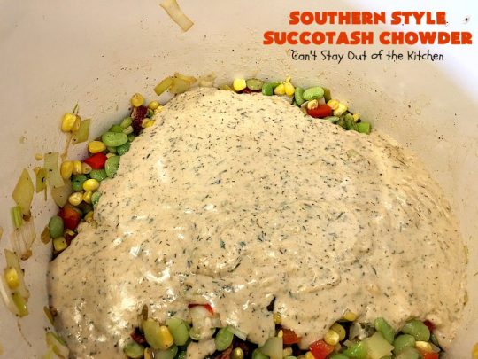 Southern Style Succotash Chowder | Can't Stay Out of the Kitchen | this amazing #soup is loaded with #corn #limabeans #bacon & other veggies. It's a terrific meal for cold winter days when you want a hot lunch or dinner. #glutenfree