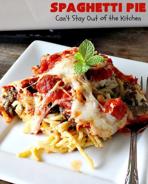Spaghetti Pie | Can't Stay Out of the Kitchen | this kid-friendly #pasta #recipe has been a family favorite for years. This version uses a "crust" of #spaghetti, eggs, butter & #parmesancheese. It's topped with #groundbeef, then #Ricottacheese, then #mozzarella #cheese. Terrific for company since it makes a lot! You can also make this for #MeatlessMondays by eliminating the ground #beef. #noodles