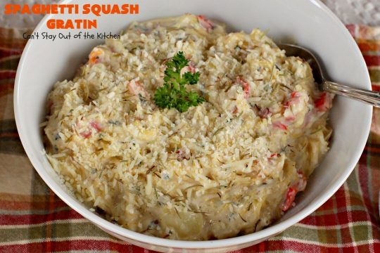 Spaghetti Squash Gratin | Can't Stay Out of the Kitchen | this fantastic #recipe features #spaghettisquash in a thick and creamy #cheese sauce. It's a terrific #casserole for #holidays like #Thanksgiving or #Christmas or serve it as an entree for #MeatlessMondays. #glutenfree #Italian #MeatlessMainDish 