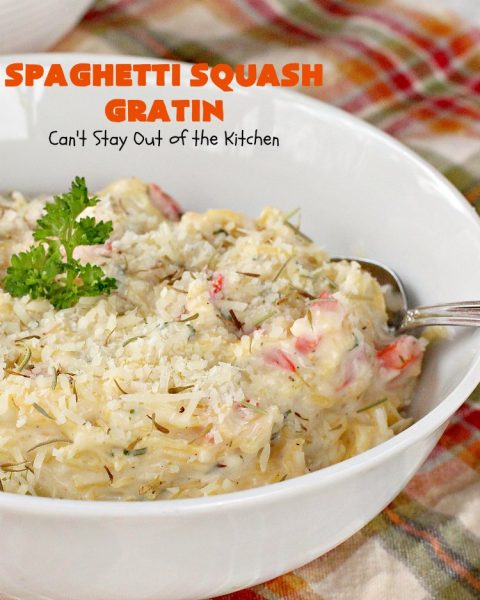 Spaghetti Squash Gratin | Can't Stay Out of the Kitchen | this fantastic #recipe features #spaghettisquash in a thick and creamy #cheese sauce. It's a terrific #casserole for #holidays like #Thanksgiving or #Christmas or serve it as an entree for #MeatlessMondays. #glutenfree #Italian #MeatlessMainDish 