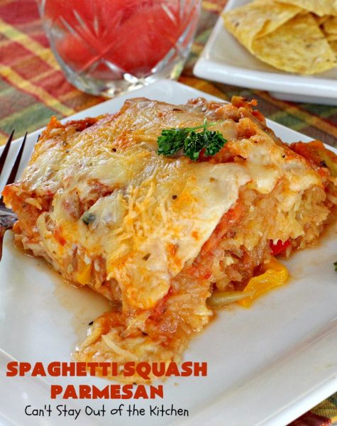Spaghetti Squash Parmesan | Can't Stay Out of the Kitchen | this is one of the most spectacular ways to serve #SpaghettiSquash ever! It's chocked full of veggies & is layered twice with #parmesan, #mozzarella & #romano cheeses. Terrific for #MeatlessMondays or for #holidays like #Easter or #MothersDay. #Healthy, #LowCalorie #GlutenFree #CleanEating #SpaghettiSquashParmesan #Zucchini #SpaghettiSquashCasserole #YellowSquash #Carrots