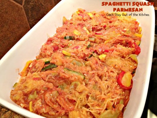 Spaghetti Squash Parmesan | Can't Stay Out of the Kitchen | this is one of the most spectacular ways to serve #SpaghettiSquash ever! It's chocked full of veggies & is layered twice with #parmesan, #mozzarella & #romano cheeses. Terrific for #MeatlessMondays or for #holidays like #Easter or #MothersDay. #Healthy, #LowCalorie #GlutenFree #CleanEating #SpaghettiSquashParmesan #Zucchini #SpaghettiSquashCasserole #YellowSquash #Carrots