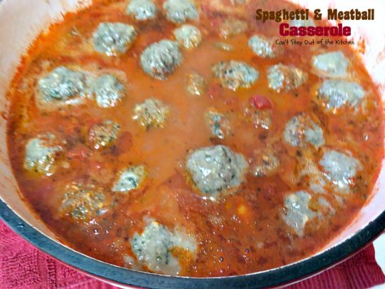 Spaghetti and Meatball Casserole | Can't Stay Out of the Kitchen | traditional #spaghetti and #meatballs but in #casserole form. This amazing entree is made with #glutenfree #pasta.