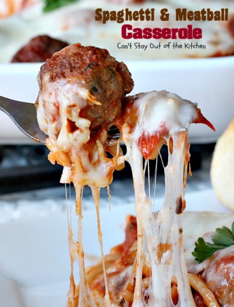 Spaghetti and Meatball Casserole | Can't Stay Out of the Kitchen | traditional #spaghetti and #meatballs but in #casserole form. This amazing entree is made with #glutenfree #pasta.