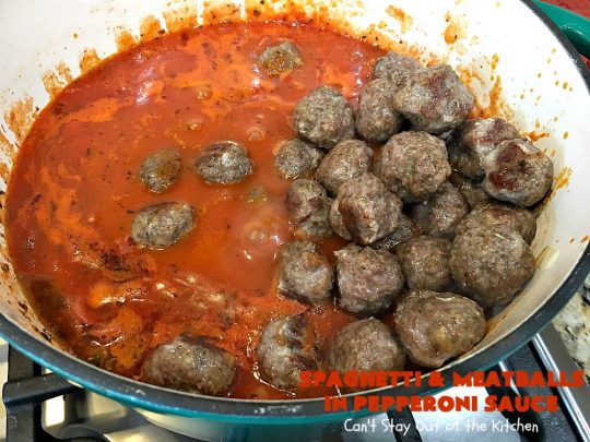 Spaghetti and Meatballs in Pepperoni Sauce | Can't Stay Out of the Kitchen | this fabulous #spaghetti entree is an awesome #JamieDeen #recipe. This one includes #beef in the #meatballs, #Italian #sausage & #pepperoni in the sauce. Absolutely mouthwatering! Our company loved it! #pasta #noodles #spaghettiandmeatballs