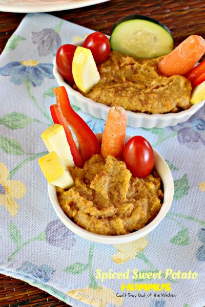 Spiced Sweet Potato Hummus | Can't Stay Out of the Kitchen | this fabulous #appetizer spices up #sweetpotatoes & #garbanzobeans and tastes amazing. #glutenfree #vegan
