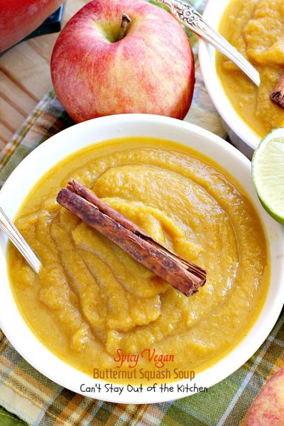 Spicy Vegan Butternut Squash Soup | Can't Stay Out of the Kitchen | this spicy #soup is an amazing way to use #apples & #butternutsquash. Great comfort food.