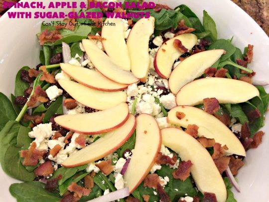 Spinach, Apple and Bacon Salad with Sugar-Glazed Walnuts | Can't Stay Out of the Kitchen | this is one of our favorite #salads. It's filled with #bacon, #apples & #feta cheese. Then homemade glazed #walnuts are added on top. Perfect #salad for company or #holiday dinners like #Easter, #MothersDay or #FathersDay. #spinach #glutenfree 