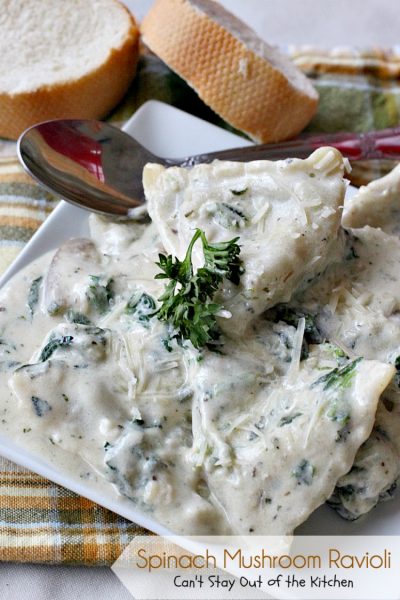 Spinach Mushroom Ravioli | Can't Stay Out of the Kitchen | this scrumptious #ravioli dish is filled with #mushrooms #spinach & #cheese in a delicious #alfredo sauce. Very quick and easy, too. #pasta